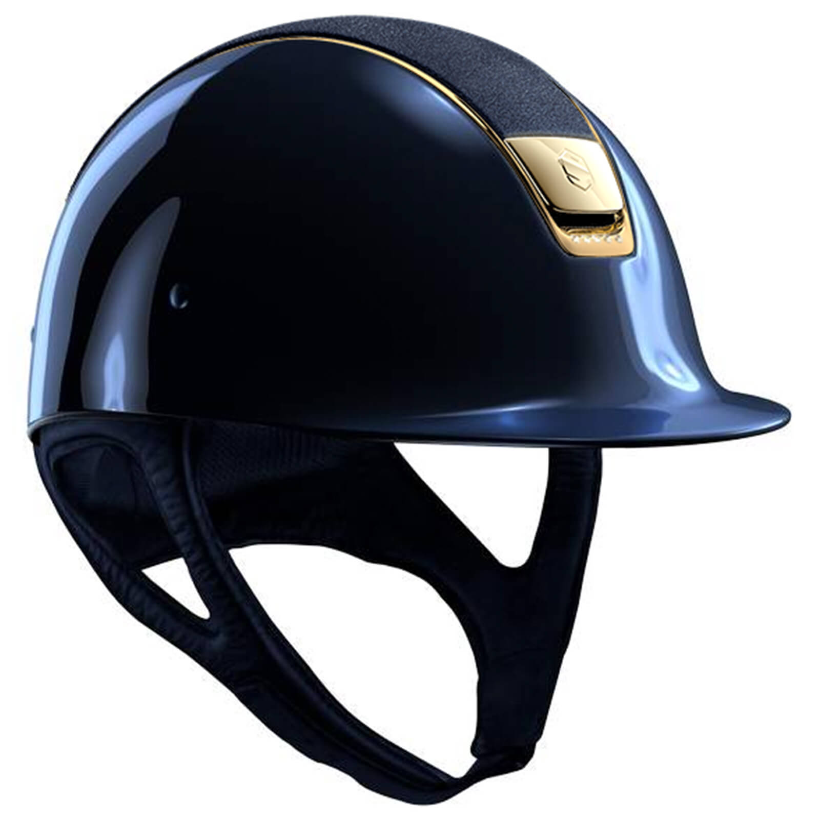 Reithelm Shadow Glossy Blue Shield Crystal Alcantara Stones Gold Chrome Gold - M (Mit Dressurausschnitt)