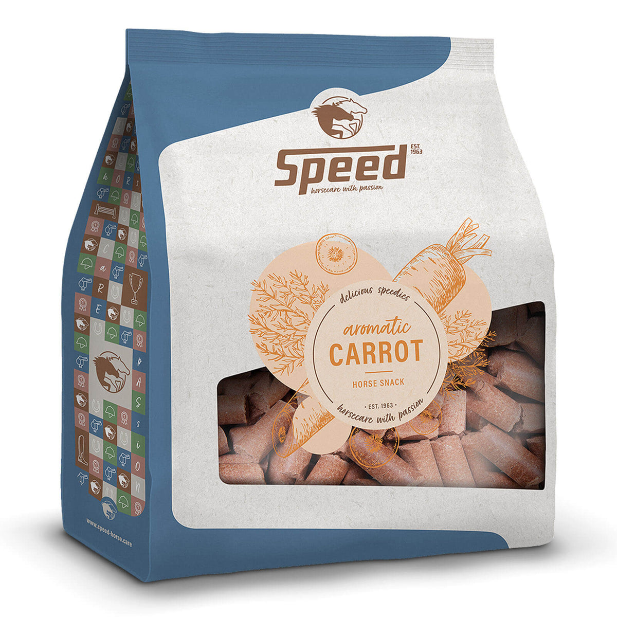 Speed Leckerlies Delicious Speedies Carrot, 5 kg, Produktbeutel mit Sichtfenster.