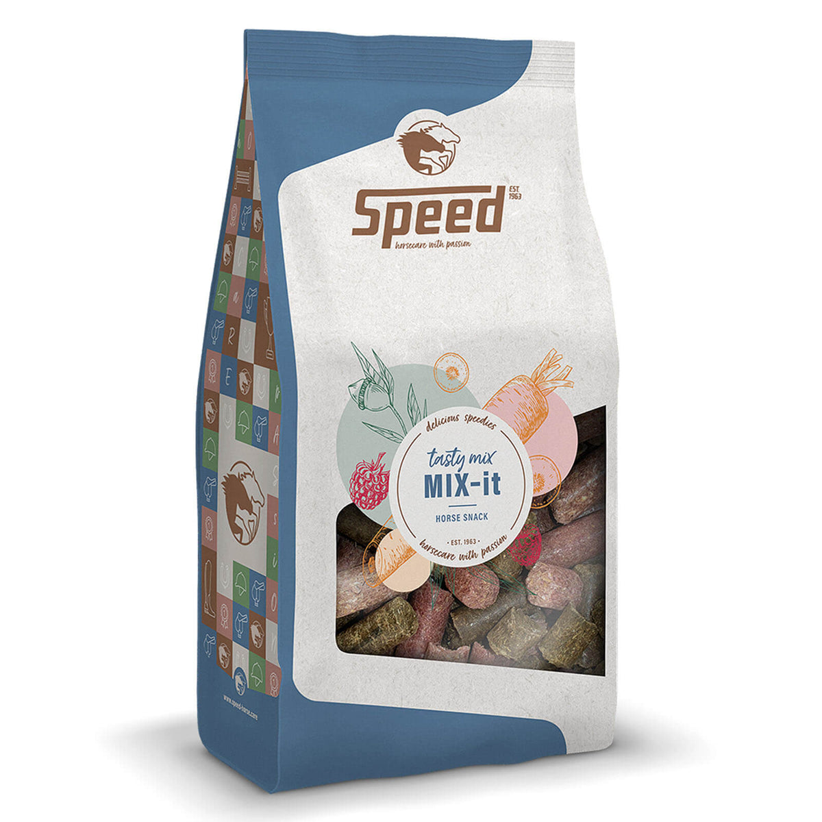 Speed Leckerlies Delicious Speedies Mix-it, 1 kg, blau-weiße Verpackung mit Sichtfenster und Leckerlies.