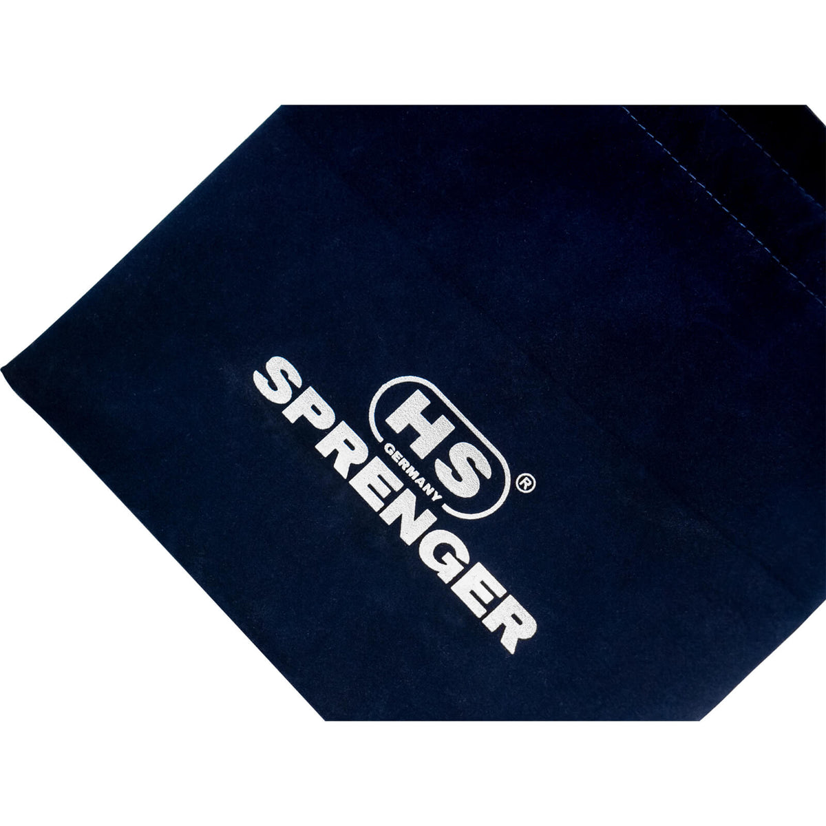 Sprenger Steigbügelschoner, Marineblau, Detailaufnahme des Produkts mit Logo.
