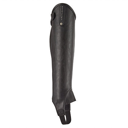 Chaps Soft Chap Comfort Glitter Lederchaps Reitchaps, Schwarz, einzelne Lederchaps mit Glitzerdetail auf weißem Hintergrund.