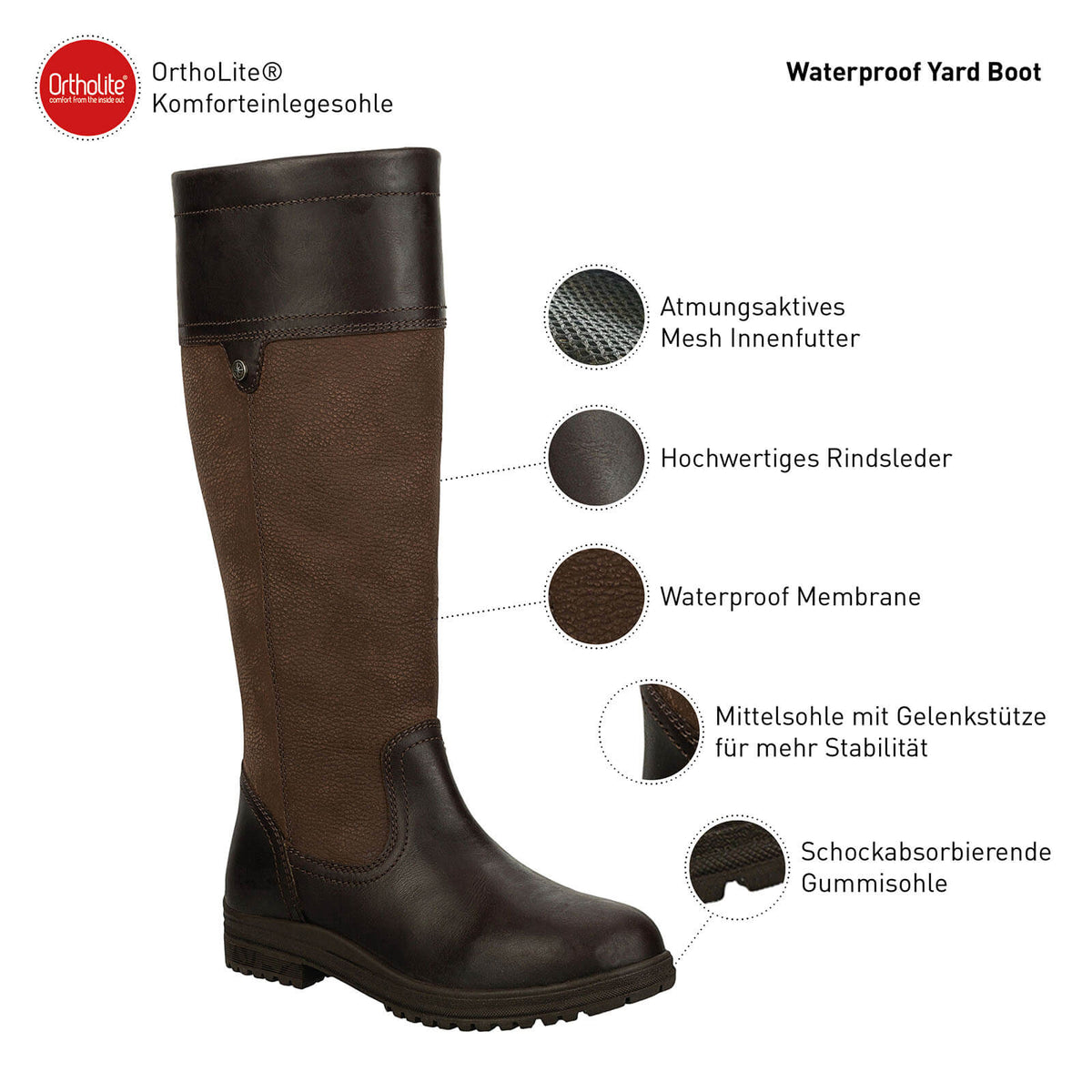 Suedwind Equestrian Reitstiefel Milford Waterproof Stallstiefel, braun, Produkt allein auf weißem Hintergrund.