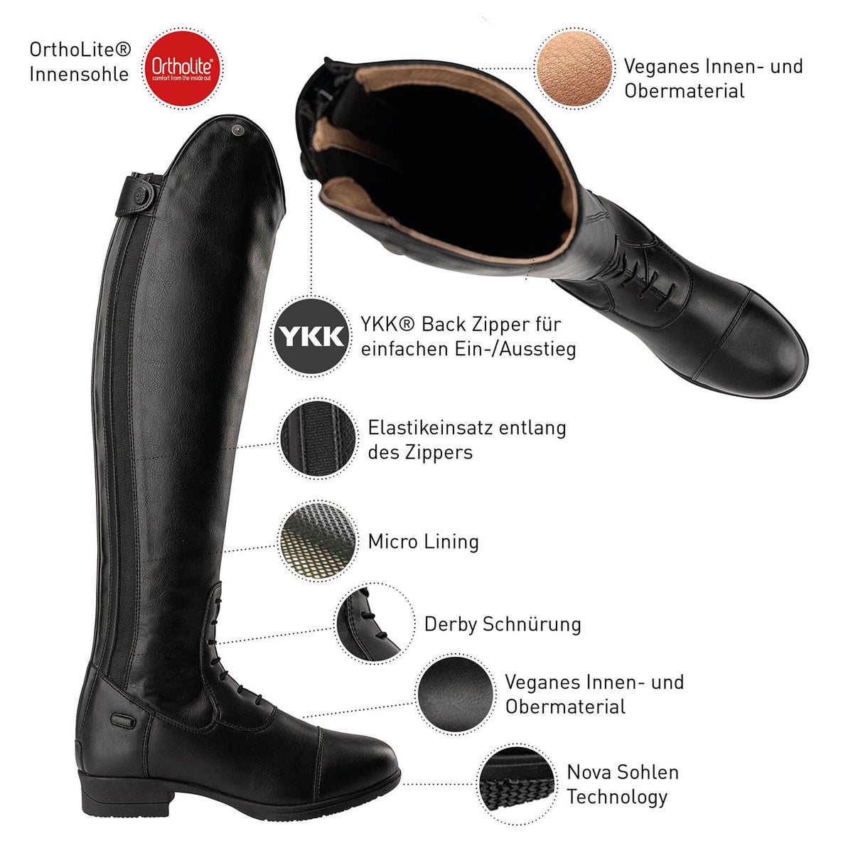 Suedwind Equestrian Reitstiefel Nova Tall Vegan, Schwarz, Detailaufnahme mit offenem Schaft und Seitenansicht.