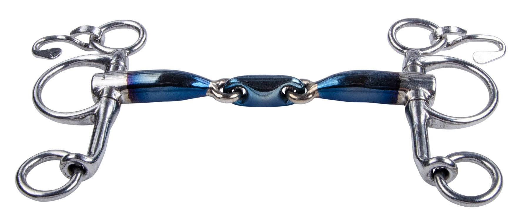 Pelham Kurz Doppelt Gebrochen 16 mm Sweet Iron, blau, Produkt allein auf weißem Hintergrund.