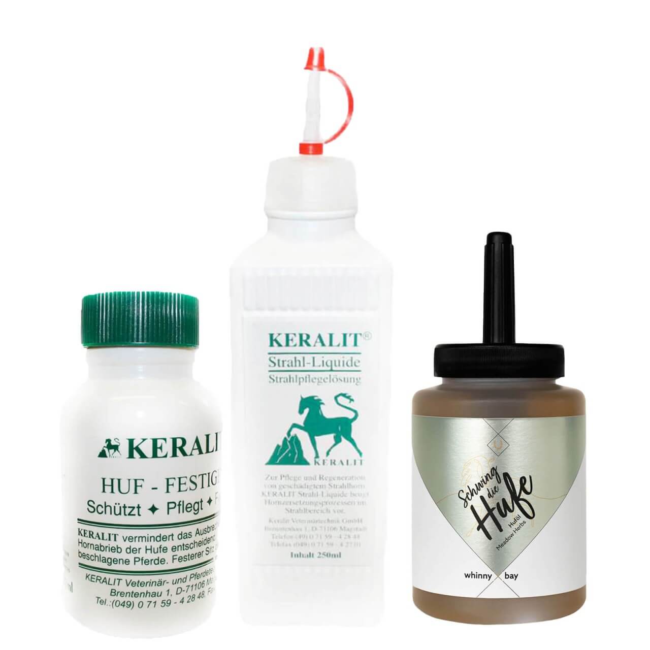 Keralit Hufpflege Set - Huffestiger, Strahl-Liquid & Kräuterhuföl im Vorteilspaket Keralit Hufpflege Set - Huffestiger, Strahl-Liquid & Kräuterhuföl im Vorteilspaket