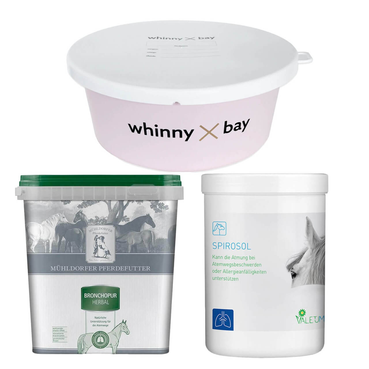 Mühldorfer Pferdefutter Bronchial Set - Bronchopur Zusatzfutter, Spirosol Ergänzungsfutter & Müslischale mit Deckel Mühldorfer Pferdefutter Bronchial Set - Bronchopur Zusatzfutter, Spirosol Ergänzungsfutter & Müslischale mit Deckel