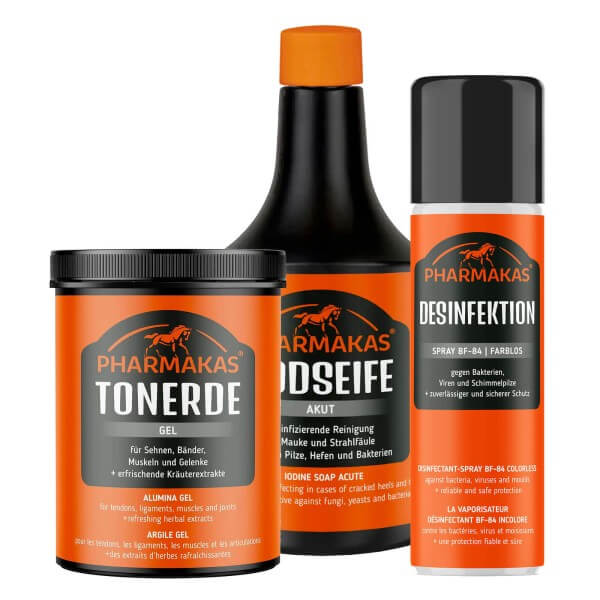 Stallapotheken Set I - Jodseife, Desinfektionsmittel & Tonerde Gel im Sparpaket Stallapotheken Set I - Jodseife, Desinfektionsmittel & Tonerde Gel im Sparpaket