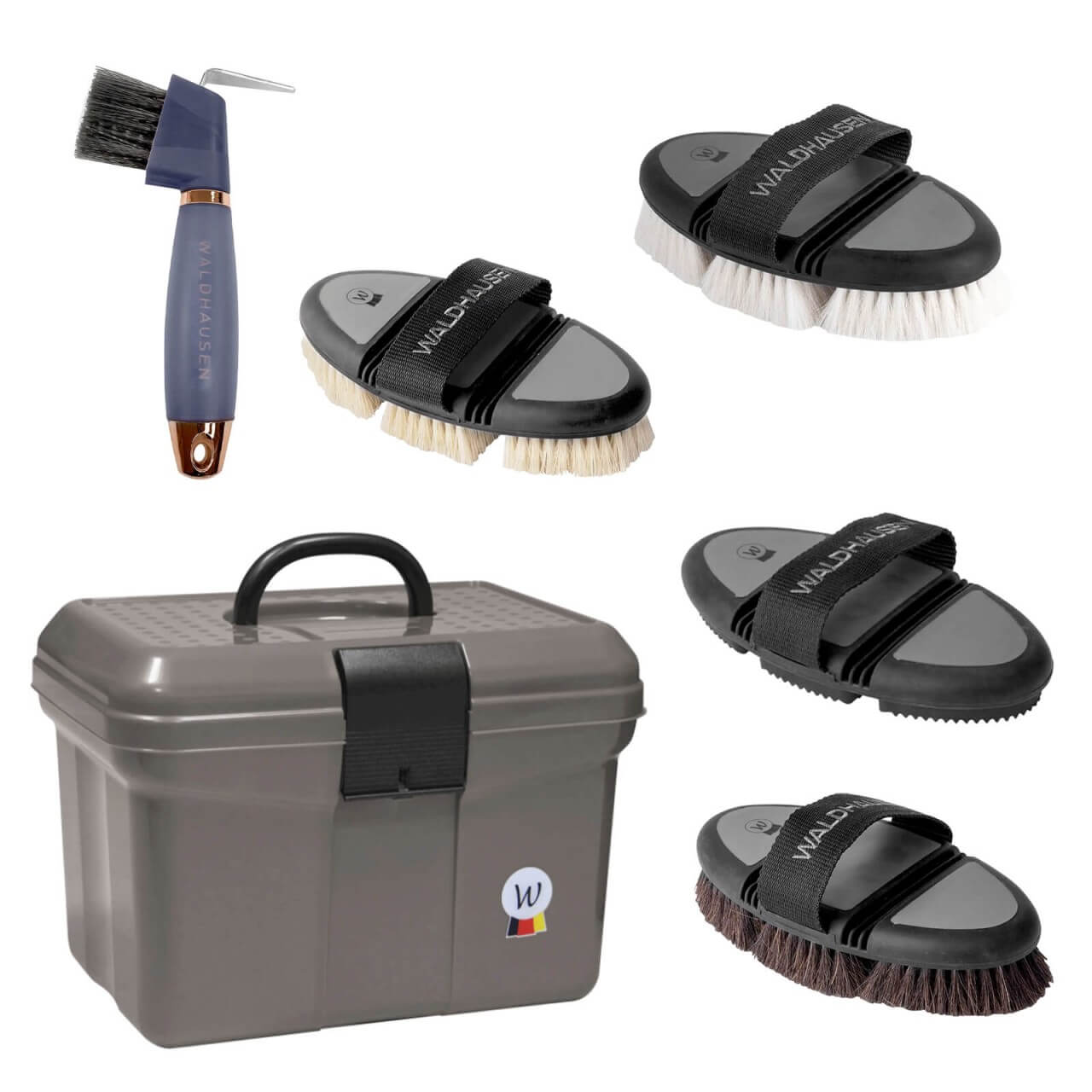 Waldhausen Putzzeug Set - Putzkiste, Kardätsche, Striegel, Hufkratzer, Wurzel- & Glanzbürste Waldhausen Putzzeug Set - Putzkiste, Kardätsche, Striegel, Hufkratzer, Wurzel- & Glanzbürste