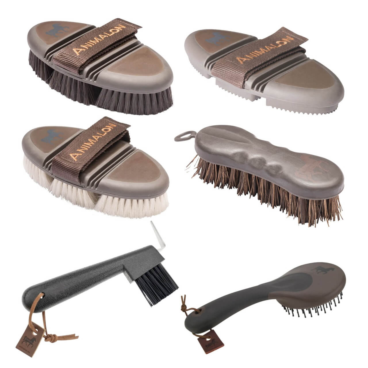 Animalon Bürstenset - Kardätsche, Striegel, Glanzbürste, Hufkratzer, Mähnenbürste & Hufbürste - Komplettset Animalon Bürstenset - Kardätsche, Striegel, Glanzbürste, Hufkratzer, Mähnenbürste & Hufbürste - Komplettset